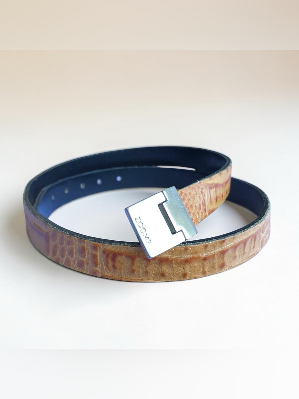 Vintage Leather Belt Embossed Croc Texture Brushed Silver Buckle Tan Cognac 1"